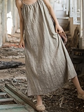 cheap Premium Linen Collection-Women's Midi Dress Cotton Linen Dresses Shift Dress Sundress Slip Dress Vintage Fashion Daily Outdoor Vacation Loose Fit Plain Sleeveless Straps Blue Teal White Yellow Summer Spring