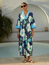 economico Abiti floreali-abito lungo da vacanza in rayon con maniche a dolman e motivo floreale color block