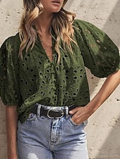 お買い得  プレーンTシャツ-女性用 ブラウス すかしカット 純色 ヴィンテージ スタイリッシュ カジュアル 半袖 Ｖネック レギュラートップス 日常 ブルー ブラック ホワイト ピンク アーミーグリーン 夏 春
