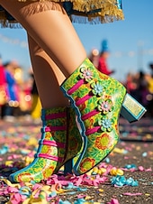 olcso Női cipő-Női Mardi Gras Színes Virágos Csipkés Magassarkú Csizmák – Élénk Retro 1970-es Évek Inspirálta Design Világos Virágos Részletekkel Tökéletes Karneválra Fesztiválokra és Jelmezes Eseményekre