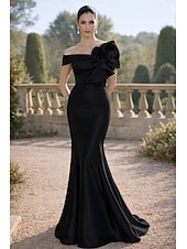 preiswerte Meerjungfrau Abendkleider-Meerjungfrauenschnitt Bodenlang Abendkleid Ballkleid Festliche Kleidung Elegant seidig Kurzarm Schulterfrei Hochzeit Formell Tasche Satin mit Gestickte Blume