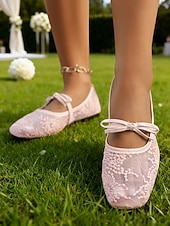 baratos noiva-Sapatilhas Mary Jane femininas em renda marfim com tira elástica, elegantes e confortáveis, perfeitas para noivas e convidadas em casamentos e eventos ao ar livre. &amp;cerimônias no gramado