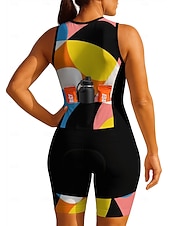 Χαμηλού Κόστους Γυναικεία ρούχα τριάθλου-Γυναικεία Φανέλα ποδηλασίας Ολόσωμη στολή για τρίαθλο Ντάουνιλ Τζέρσεϋ Αμάνικο Καλοκαίρι Άνοιξη Φθινόπωρο Μαύρο / Κίτρινο Γεωμετρικό Καμπύλη Αστείος Ποδήλατο