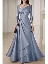 cheap A-Line Evening Dresses-A-Line Floor Length Evening Gown Ball Gown Formal Dress Elegant Tiered Plisse 3/4 Length Sleeve V Neck Wedding Formal Satin with Rhinestone Ruffles Solid Color