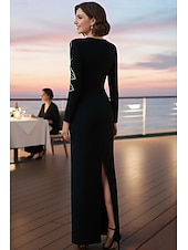 economico Abiti da sera a tubino-Abito a tubino colonna lungo fino al pavimento abiti formali abito da sera abito da sera elegante maniche lunghe scollo tondo formale con cristalli e perline