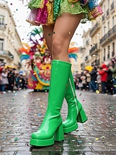 cheap Women's Shoes-Women's Mardi Gras 1980s Retro Purple Platform Knee-High Boots with Block Heels – Shiny Patent Faux Leather, Perfect for Carnival Parades and Festive Celebrations
