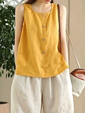 olcso Luxus ingek-Női Pamut vászon mellény Fodrozott Gombok Tömör szín Stílusos Alap Alkalmi Ujjatlan Szögletes Normál felsők Napi Medence Sárga Barna Nyár Tavasz