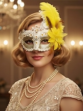 baratos Acessórios de Máscara-Máscara feminina de renda com penas para baile de máscaras - máscara elegante estilo vintage para festas, com flor amarela e pérolas, ideal para bailes de máscaras, formaturas ou festas à fantasia.