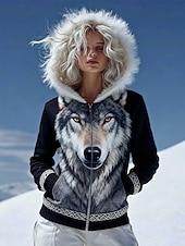 Χαμηλού Κόστους Boho Τοπς-Γυναικεία Φούτερ με φερμουάρ Pullover Τσέπη Στάμπα Γραφική Ζώο Βίντατζ Καθημερινό Μακρυμάνικο Με Κουκούλα γούνινος γιακάς Κανονικά μπλουζάκια Causal Καθημερινή Ένδυση Μαύρο Άνοιξη Φθινόπωρο Χειμώνας