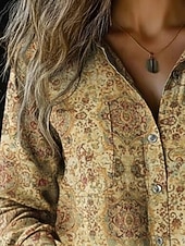 preiswerte Boho Tops-Damen Hemd Boho-Hemd Knöpfe Druck Blumen Vintage Stilvoll Ethnisch Langarm Hemdkragen Normale Oberteile Täglich Ferien Ausgehen Wein Khaki Frühling Herbst