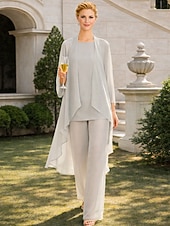 abordables Trajes de pantalón de mamá-Traje de pantalón Traje de 3 piezas Hasta el Suelo Vestido de Madrina Sin Mangas Barco de cuello Elegante Talla Grande Bolero incluido Invitado a la boda Gasa Vestidos de chaqueta con Un Color