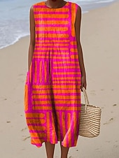 tanie Sukienki w paski i geometryczne-Midi sukienka lniana sukienka wakacyjna sukienka typu shift w kształcie litery A wakacyjna casualowa boho na plażę na wyjście luźna graficzna geometryczna bez rękawów okrągły dekolt niebieska biała