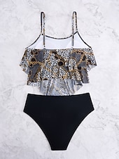 Χαμηλού Κόστους Τανκίνι-Γυναικείο Tankini 2 τεμαχίων Μαγιό Λεοπάρ Briefs Έλεγχος Κοιλιάς Ψηλή Μέση Αδύνατο Ανοιχτή Πλάτη Διακοπές Παραλία Floral Scoop Neck Άνευ Μανικιών Μαγιό