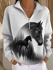 economico Animali Tops-Per donna Felpa Pullover Cerniera Grafico Animale Casual Manica Lunga Mezza zip Top Regolari Casuale Abbigliamento Quotidiano Ferie Bianco e nero Nero Bianco Grigio Autunno