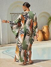 お買い得  プリントカジュアルドレス-バケーション トロピカル ボタニカル プリント ドルマンスリーブ サテン マキシドレス