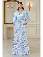 cheap A-Line Evening Dresses-A-Line Floor Length Beaded Eembroidered Formal Dresses Mother of the Bride Dress Evening Gown Ball Gown Formal Dress Elegant Glittering Silky Long Sleeve V Neck Wedding Formal Pocket Satin Lace with