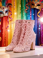 cheap Women's Shoes-Women's Mardi Gras Pink Lace-Up Festival Ankle Boots – Stylish Chunky Heels for Carnivals, Parades and Celebrations