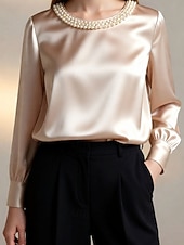 baratos Tops e partes de baixo de dormir para mulher-Mulheres Blusa Tops elegantes Franzido Patchwork Com Miçangas Côr Sólida Tecido Elegante senhoras à moda Manga Longa Gola Redonda Tops regulares Diário Trabalho Para Noite Preto Branco Verde Damasco