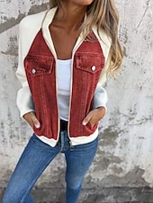 cheap Women's Outerwear-Women's Casual Jacket Denim Jacket Warm Comfortable Zipper Pocket Retro Casual Color Block Vacation Home Daily Wear Going out Regular Stand Collar Regular Fit Long Sleeve Outerwear Blue Black White