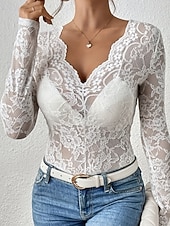 baratos Tops de Renda-Mulheres Blusa Tops de renda Renda Tecido à moda Sensual Manga Longa Decote V Tops regulares Diário Feriado Para Noite Preto Branco Vinho Azul Marinha Verde Esmeralda Outono Inverno