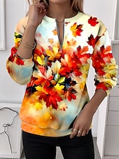 baratos Hoodies Florais-Mulheres Moletons com zíper Zíper Imprimir Floral Gráfico Moda Casual Manga Longa Decote Redondo Tops regulares Rua Dia a Dia Branco Roxo Laranja Verde Primavera Outono Inverno