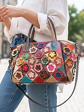 olcso Kézitáskák és bevásárlótáskák-női valódi bőr kézitáska, többirányú hordozási lehetőségekkel, 3D virágdíszítéssel, stílusos és funkcionális mindennapi használatra vagy különleges alkalmakra