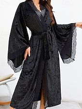 cheap Women's Onesies-Women's Robe Casual Soft Satin Pure Color Lace Patchwork Daily Home Bed Long Sleeve V Neck Black White Wine Summer Spring Loose Fit