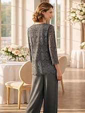 economico Tailleur pantalone della mamma-Tuta Completo Pantalone Tre Pezzi Lunghezza al pavimento Abito da cerimonia per signora Senza Maniche Collo gioiello Elegante Taglie Forti Con Stola Formale Ospite di nozze Ricevimento di matrimonio