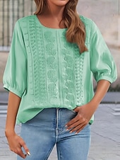 baratos Blusas Simples-Mulheres Blusa Linho de algodão sintético Bordado Floral à moda Casual Manga 3/4 Gola Redonda Tops regulares Diário Azul Preto Rosa Verde Verão Primavera