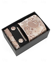 preiswerte Hochzeit ACC-Geschenkset für Herren aus Polyester mit Paisley-Muster: Krawatte, Manschettenknöpfe, Einstecktuch und Krawattenklammer – perfekt für Hochzeiten und als Geschenk.