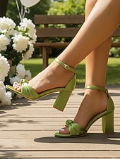 baratos Convidado do casamento-Sandálias femininas verdes de cetim com salto bloco e nó - elegantes sapatos de casamento com tira no tornozelo para damas de honra. &amp;convidados, saltos altos elegantes e confortáveis para o jardim