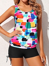 billiga Tankinis-Kvinnors Tankini 3-delad baddräkt Shorts Magekontroll Hög midja Slim Backless Semester Strandkläder Grafik Geometrisk U-hals Ärmlös Badkläder