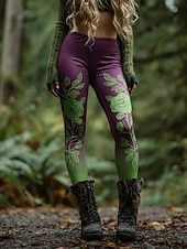 ieftine -Pentru femei Jambiere Colanți confortabili Vacanță Epocă Stilul etnic Lungime totală Talie Înaltă Floral Grafic Imprimare Comfortabil Strech Casual Zilnic În aer liber Mov Închis Mov Verde Primăvar