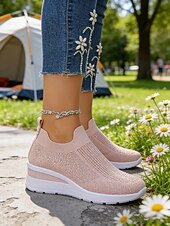 cheap Women's Sneakers-Women's Sparkle Pink Flyknit Platform Sneakers – Stylish Lightweight Knit Shoes for Walking, Shopping, Travel and Daily Wear