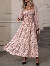 voordelige Bloemenjurken-Dames Maxi-jurk A lijn jurk Casual Dagelijks Normale pasvorm Bloemig Grafisch Lange mouw Vierkante hals Zwart Blozend Roze Lente Herfst