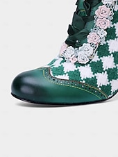 abordables Chaussures de femme-Bottes à talons à carreaux verts pour femmes – Style de carnaval vintage avec détails en dentelle parfaites pour le carnaval les festivals et les soirées costumées