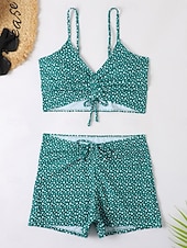 economico Tankini-Tankini 2 Pezzi Costume da Bagno per Donna Arricciato Shorts Controllo Pancia Vita Alta Slim Schiena Nuda Abbigliamento da Spiaggia in Vacanza Grafica Floreale V Collo Senza Maniche Costumi da Bagno