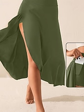 baratos Saias Ativas-Mulheres Elegante Estilo bonito Médio Cintura Alta Saias Tecido Franzido Hem irregular Sem Elasticidade Diário Praia Preto Vermelho Azul Roxo Verão