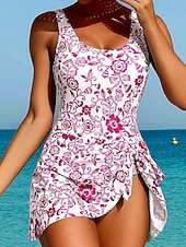 billiga One-piece-baddräkter-Kvinnors En Delad Baddräkt Med Kjol Monokini Hög Skärning Tummy Control Höga Midja Slim Bar Ryggen Semester Vintage Blommig Grafisk U-Hals Utan Ärmar Baddräkter