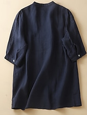 baratos Camisas-Mulheres Blusa Linho de algodão sintético Bordado Botões Côr Sólida à moda Básico Casual Manga Longa Gola Alta Tops regulares Diário Branco Azul Marinha Verão Primavera