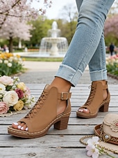 voordelige Hakken Sandalen-Rode damessandalen met dikke hak en ritssluiting, opengewerkt ontwerp, perfect voor tuinfeesten en casual gelegenheden.
