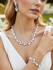 abordables Boda ACC-Conjunto de joyas de aleación de perlas de imitación para mujer: conjunto de 3 piezas de collar, pulsera y aretes, perfecto para bodas y ocasiones especiales.