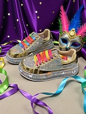 halpa Naisten kengät-Naisten Mardi Gras sateenkaari rhinestone-lenkkarit metallinhohtoisilla kultaisilla yksityiskohdilla – Rohkeat ja kimaltelevat täydelliset karnevaaleihin naamiaisjuhliin festivaaleille ja katutyylille