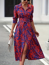 cheap Art&amp;Design Dress-Women's Midi Dress A Line Dress Summer Dress Casual Daily Regular Fit Graphic Leopard Long Sleeve Lapel Navy Fuchsia Green Spring