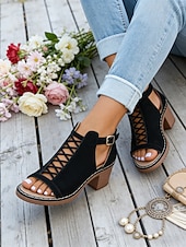 voordelige Hakken Sandalen-Rode damessandalen met dikke hak en ritssluiting, opengewerkt ontwerp, perfect voor tuinfeesten en casual gelegenheden.