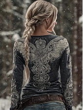 Недорогие Бохо футболка-Жен. Футболка С принтом Графика Винтаж Богемия Винтаж Мода Длинный рукав Вырез под горло Обычные топы Повседневные выходные Темно-серый Весна Осень Зима