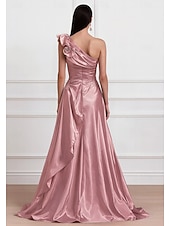 abordables Vestidos de Noche en A-Corte A Hasta el Suelo Vestidos de noche Elegante Sedoso Sin Mangas Un Hombro Boda Formal Bolsillo Satén con Flores 3D Bolsillo