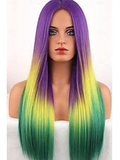 voordelige Parrucche di Carnevale-Carnival Wig Rainbow Straight Long Synthetic Festival Wig Mardi Gras Parade Cosplay Costume Hair for Women