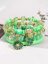 baratos Acessórios-Conjunto de pulseiras femininas para o Dia de São Patrício, pulseiras empilháveis de várias voltas com contas verdes, estilo trevo da sorte, materiais de liga metálica e cristais sintéticos, joias festivas irlandesas para mulheres.
