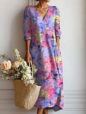 Χαμηλού Κόστους Boho φορέματα-Γυναικείο midi φόρεμα Πάσχα Λινό όπως Αναπνεύσιμο Ελαφρύ Σαλοπέτα A Line Φόρεμα Διακοπές Casual Boho Διακοπές Κανονική εφαρμογή Λουλούδι Χρώμα Μπλοκ Μακρυμάνικο V Λαιμό Ναυτικό Κόκκινο Ανοιχτό Μωβ